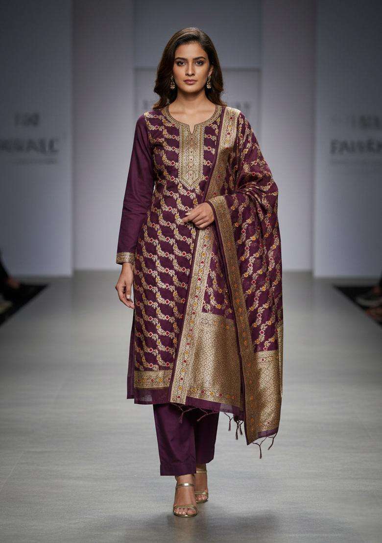 Purple Embroidery Organza Kurta Set - Indya