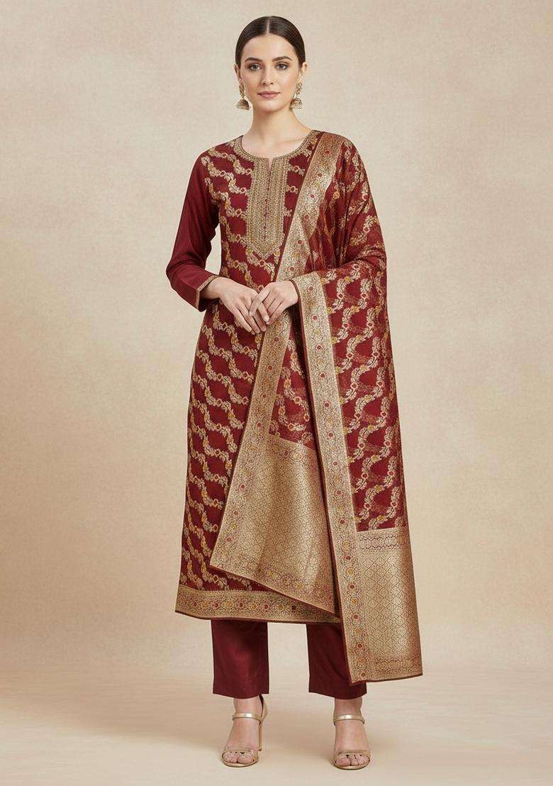 Maroon Embroidery Organza Kurta Set - Indya