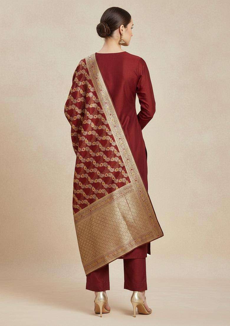 Maroon Embroidery Organza Kurta Set - Indya