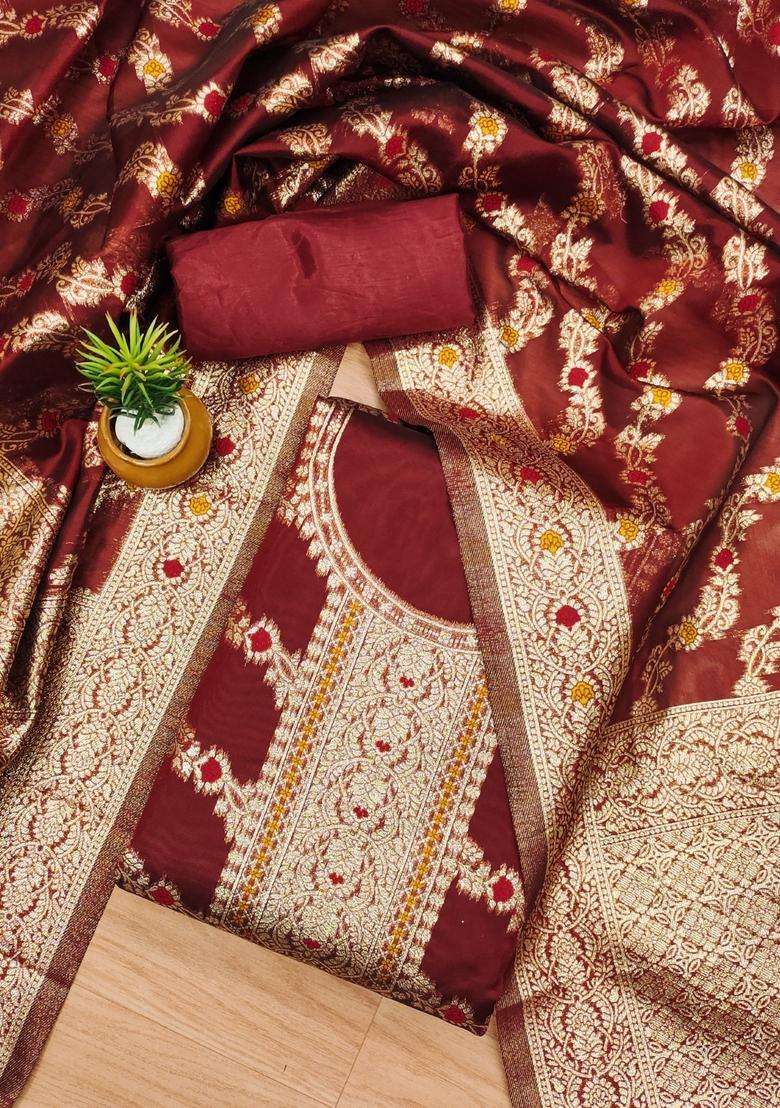 Maroon Embroidery Organza Kurta Set - Indya