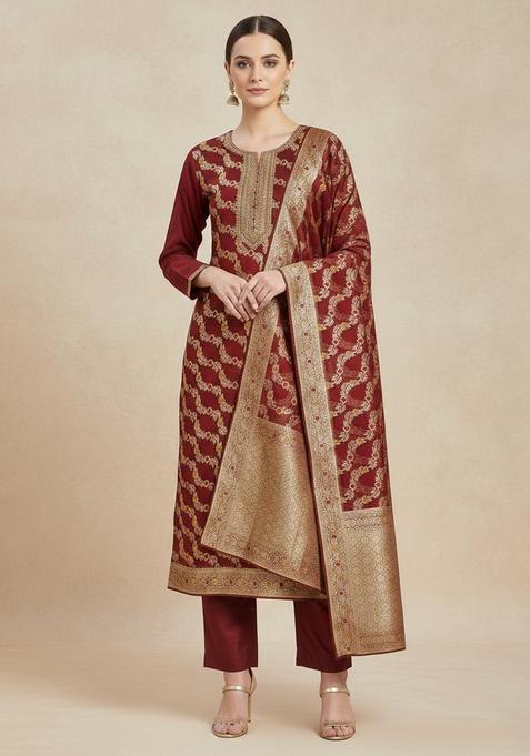 Maroon Embroidery Organza Kurta Set