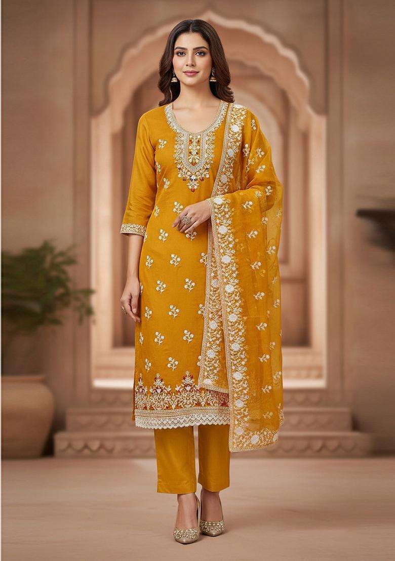 Yellow Embroidery Organza Kurta Set - Indya