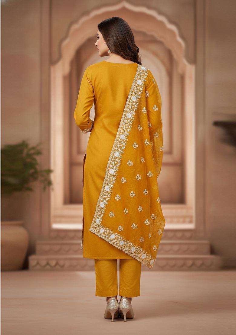 Yellow Embroidery Organza Kurta Set - Indya