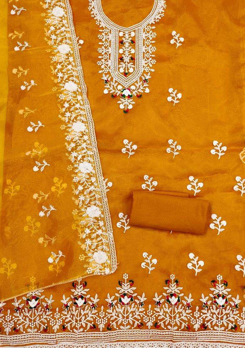 Yellow Embroidery Organza Kurta Set - Indya