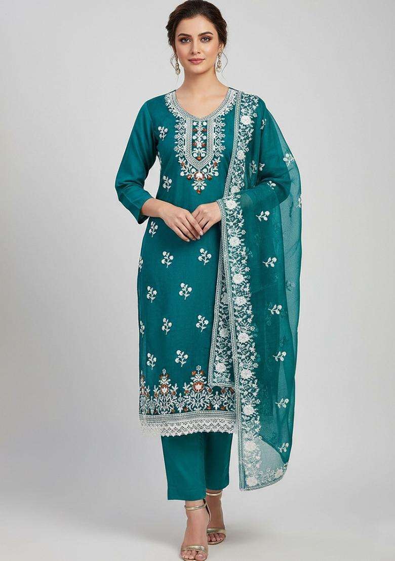 Teal Embroidery Organza Kurta Set - Indya