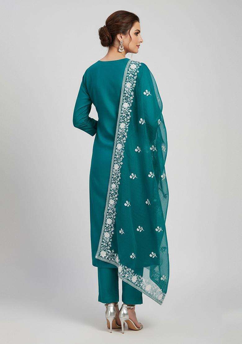 Teal Embroidery Organza Kurta Set - Indya