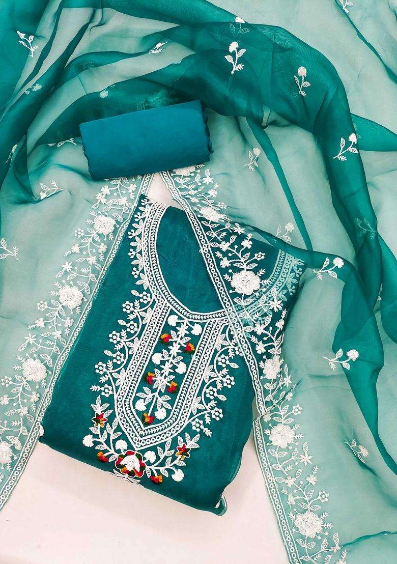Teal Embroidery Organza Kurta Set - Indya