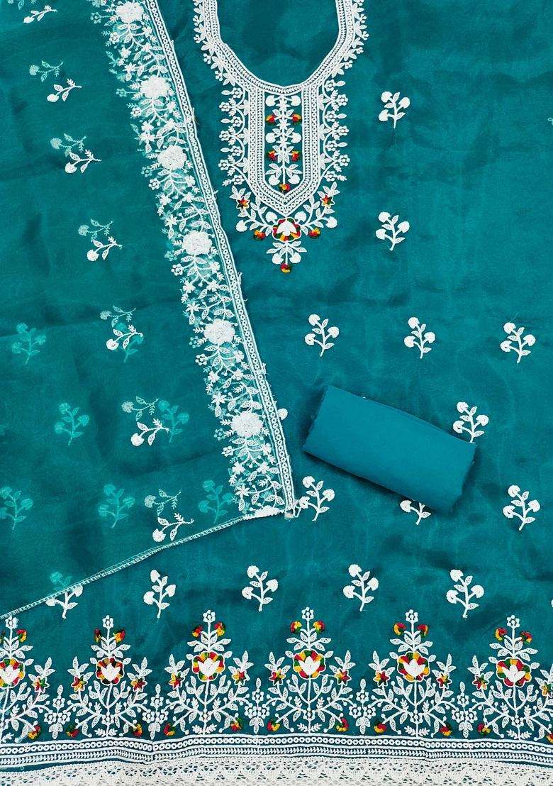 Teal Embroidery Organza Kurta Set - Indya