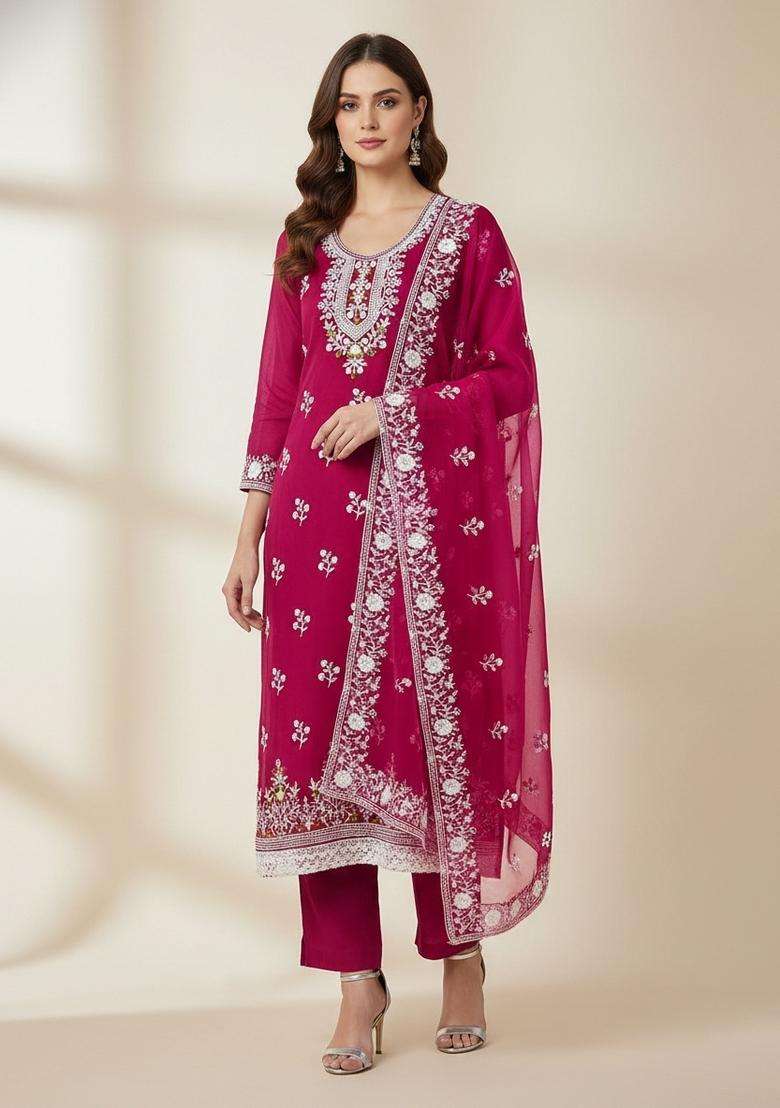 Pink Embroidery Organza Kurta Set - Indya