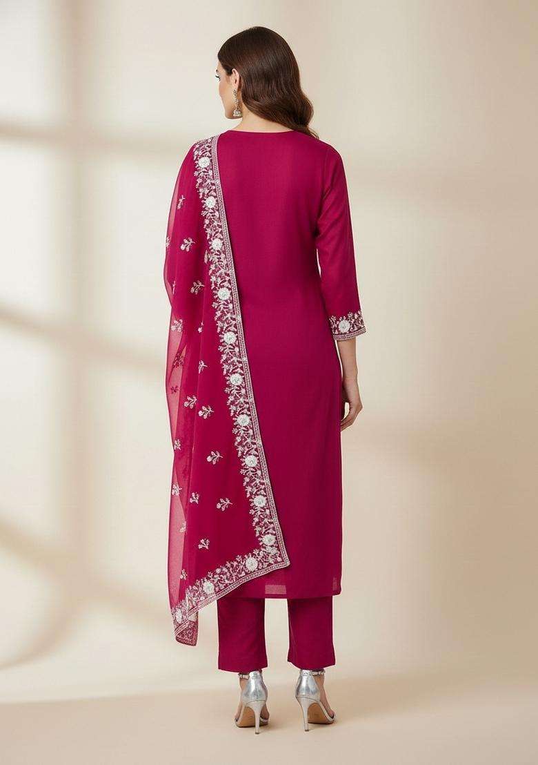 Pink Embroidery Organza Kurta Set - Indya