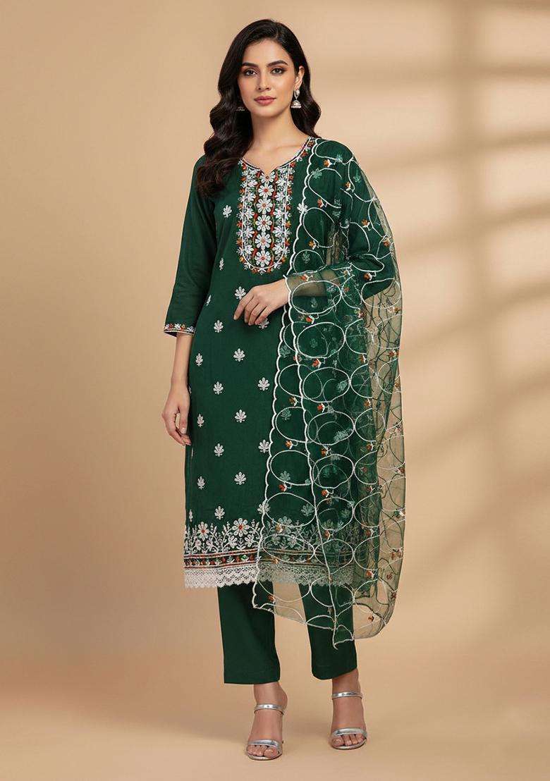 Green Embroidery Organza Kurta Set - Indya