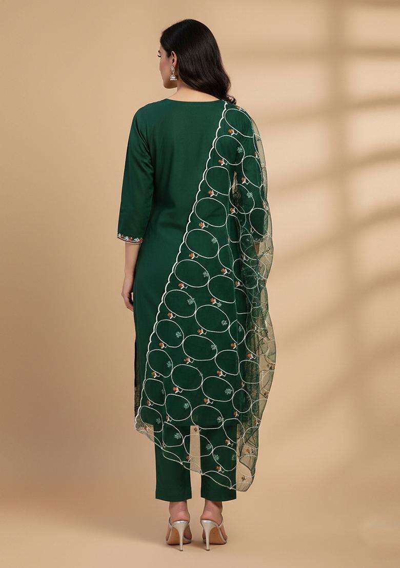 Green Embroidery Organza Kurta Set - Indya