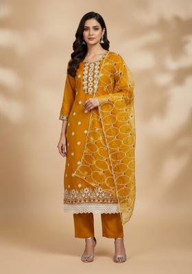 Yellow Embroidery Organza Kurta Set