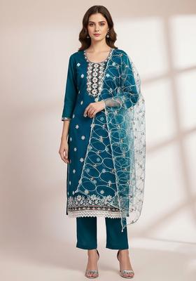 Teal Embroidery Organza Kurta Set