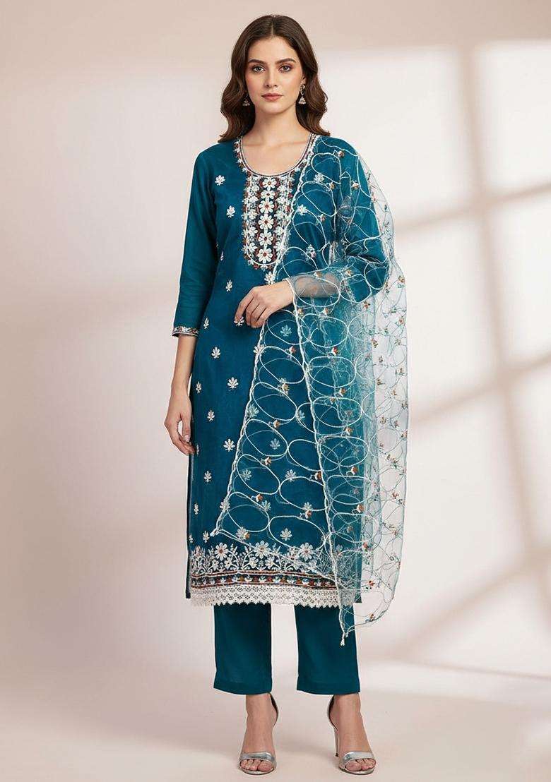 Teal Embroidery Organza Kurta Set - Indya