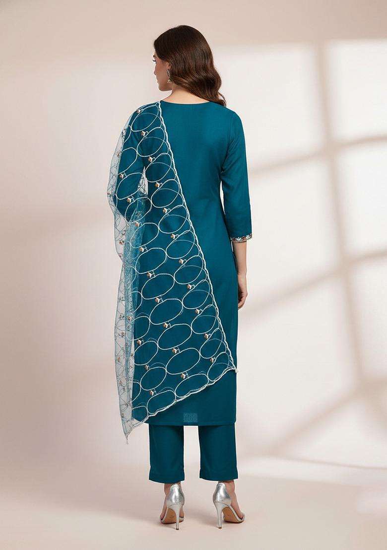 Teal Embroidery Organza Kurta Set - Indya