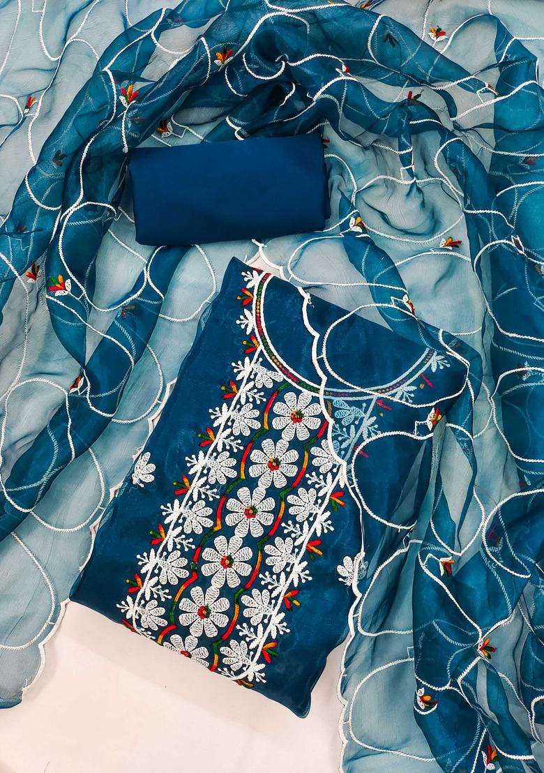 Teal Embroidery Organza Kurta Set - Indya