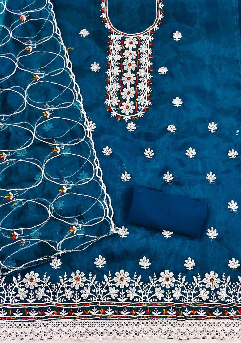 Teal Embroidery Organza Kurta Set - Indya