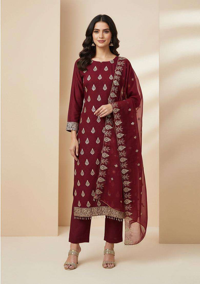 Maroon Embroidery Georgette Kurta Set - Indya