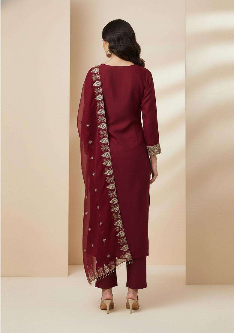Maroon Embroidery Georgette Kurta Set - Indya