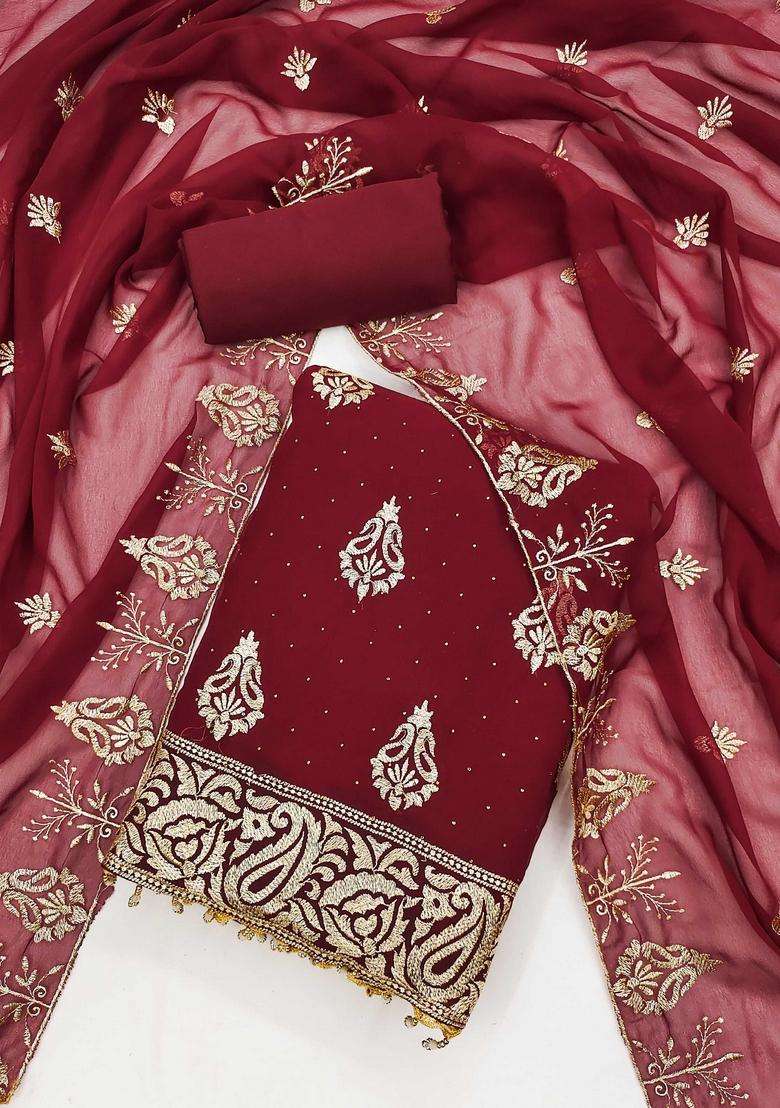 Maroon Embroidery Georgette Kurta Set - Indya