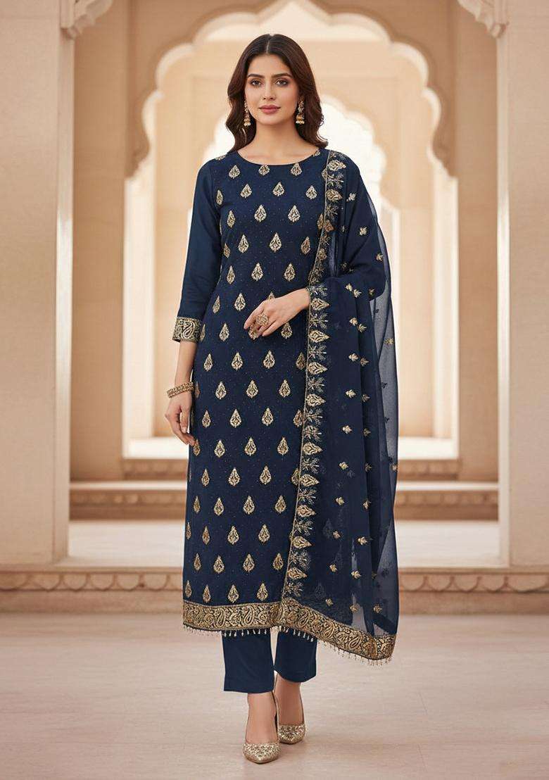 Teal Embroidery Georgette Kurta Set - Indya