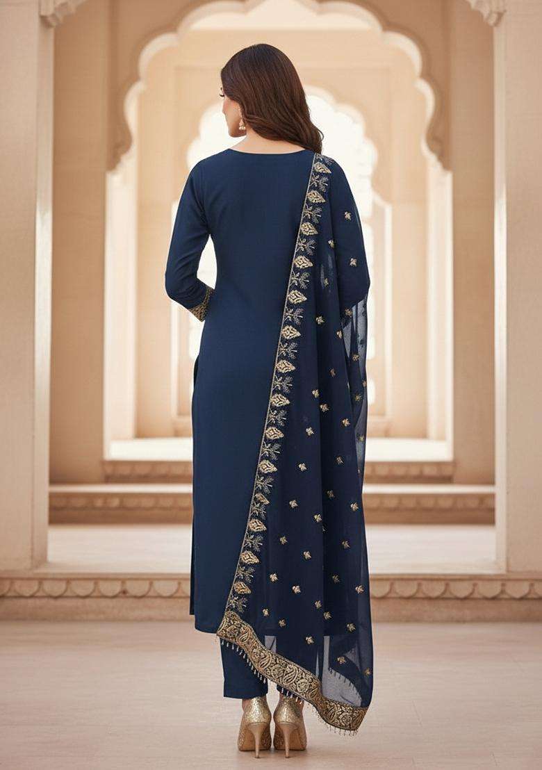 Teal Embroidery Georgette Kurta Set - Indya