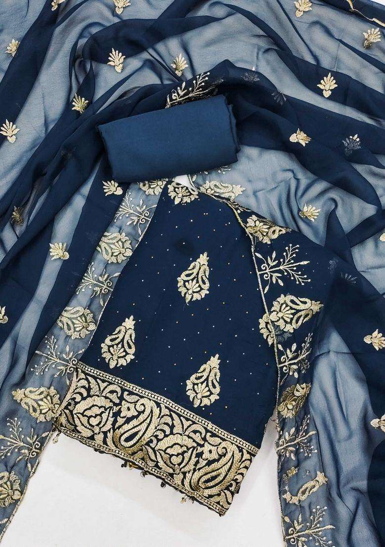 Teal Embroidery Georgette Kurta Set - Indya