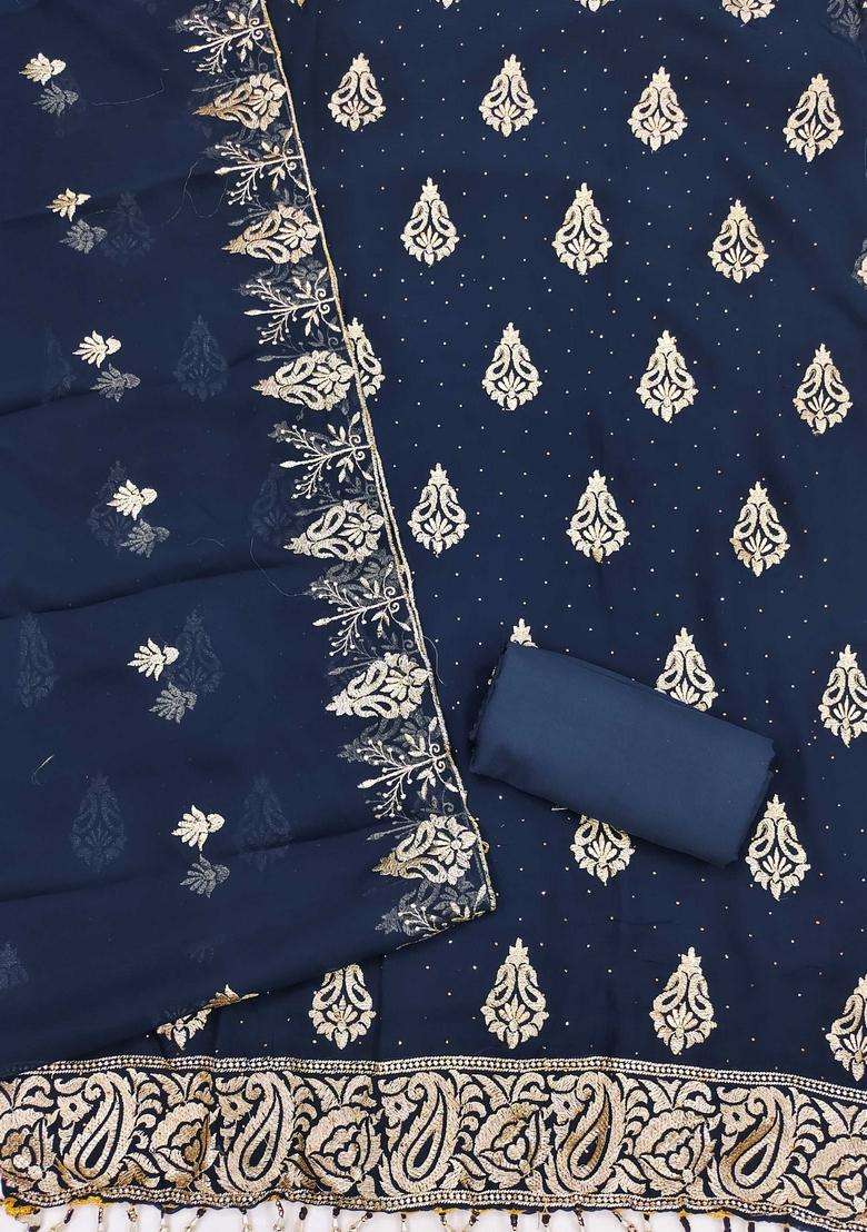 Teal Embroidery Georgette Kurta Set - Indya