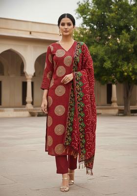 Red Embroidery Jacquard Kurta Set