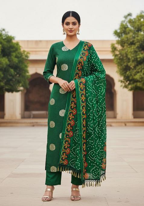 Green Embroidery Jacquard Kurta Set