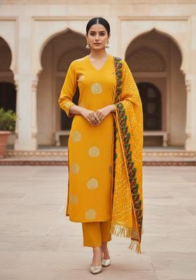 Yellow Embroidery Jacquard Kurta Set