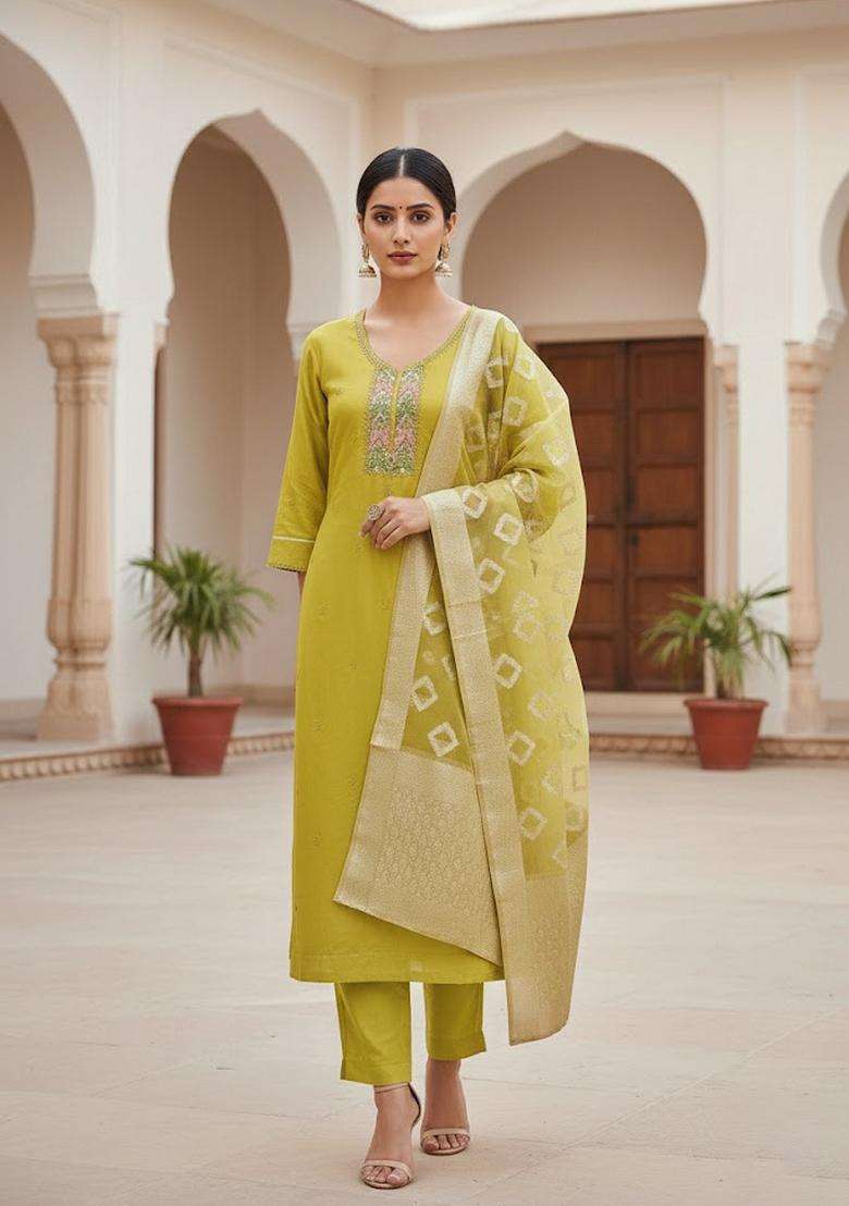 Yellow Embroidery Cotton Kurta Set - Indya