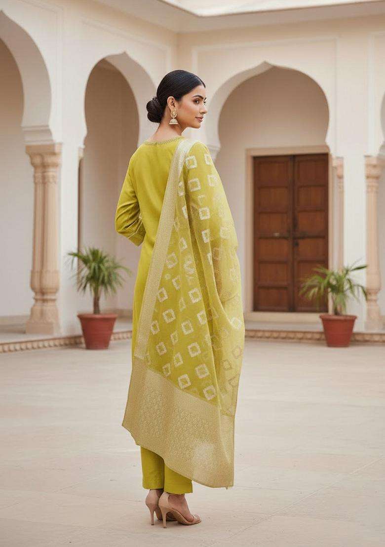 Yellow Embroidery Cotton Kurta Set - Indya