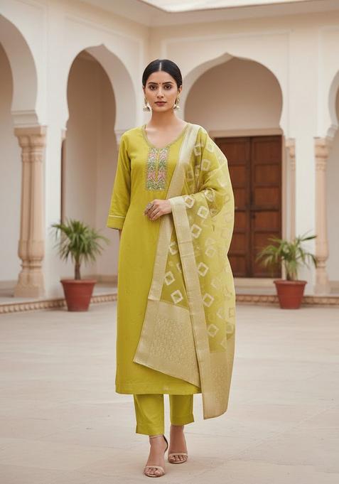 Yellow Embroidery Cotton Kurta Set