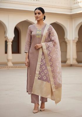Purple Embroidery Cotton Kurta Set