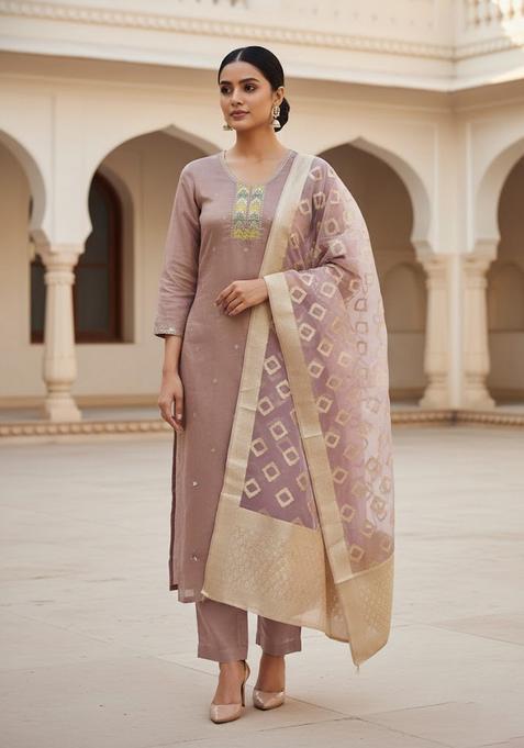 Purple Embroidery Cotton Kurta Set