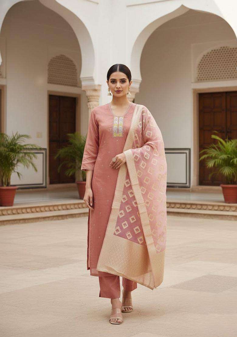 Peach Embroidery Cotton Kurta Set - Indya