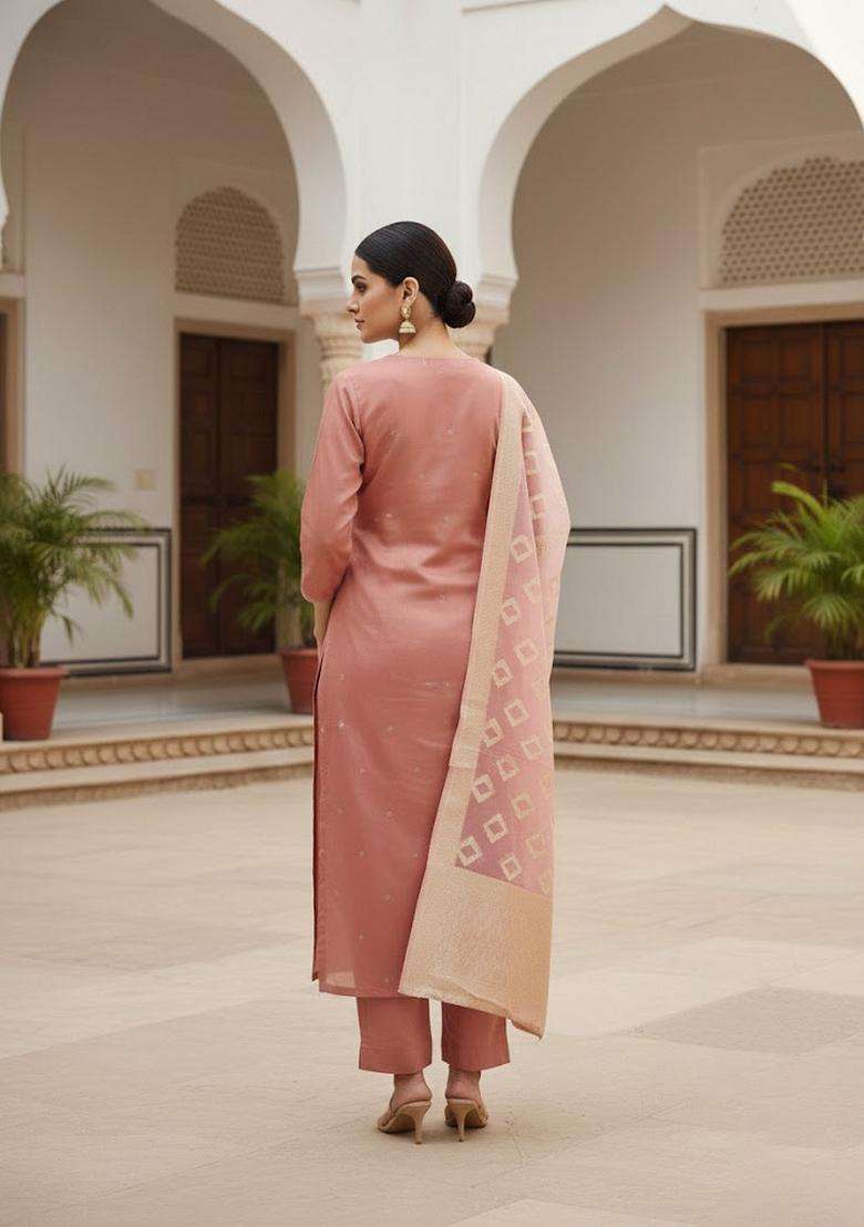 Peach Embroidery Cotton Kurta Set - Indya
