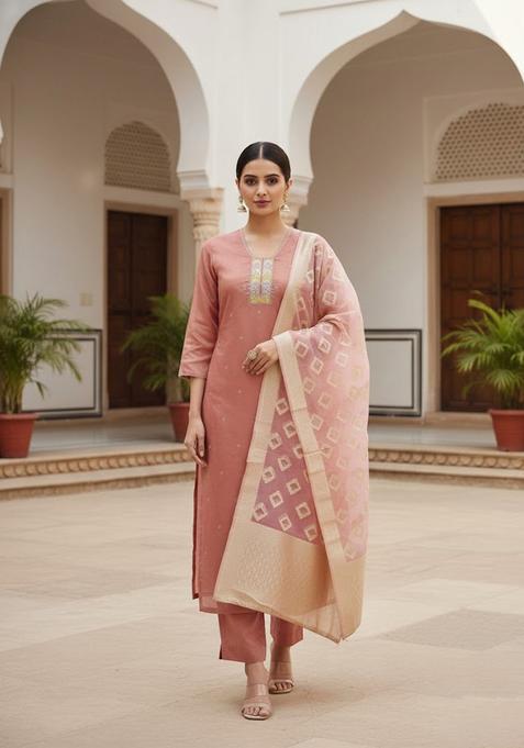 Peach Embroidery Cotton Kurta Set