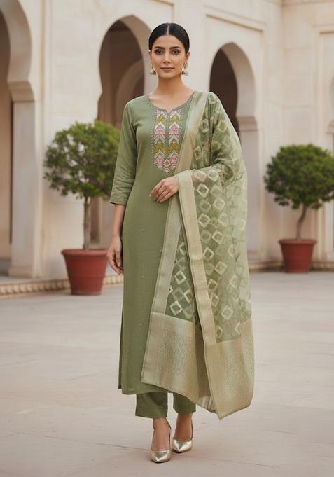 Green Embroidery Cotton Kurta Set