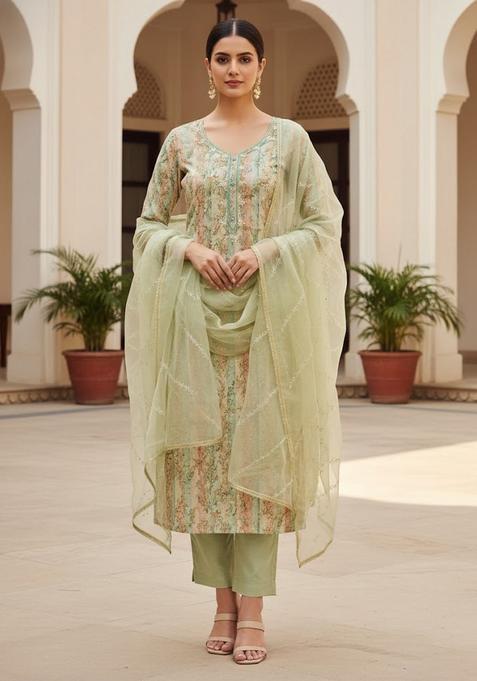 Green Embroidery Jacquard Kurta Set