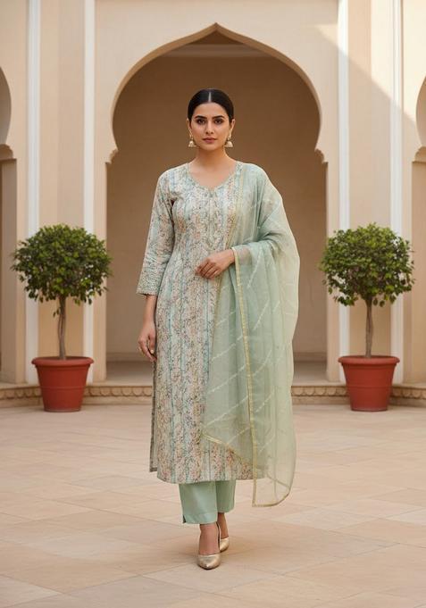 Blue Embroidery Jacquard Kurta Set