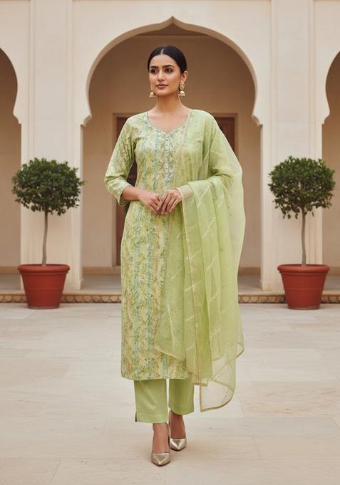 Green Embroidery Jacquard Kurta Set