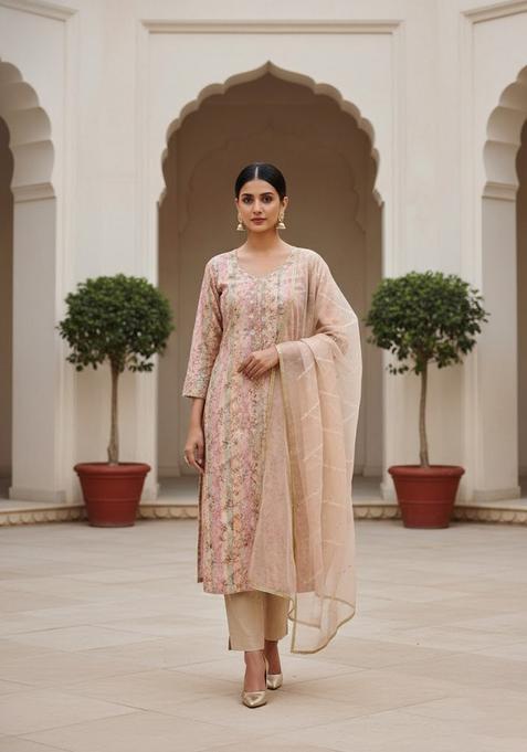 Pink Embroidery Jacquard Kurta Set