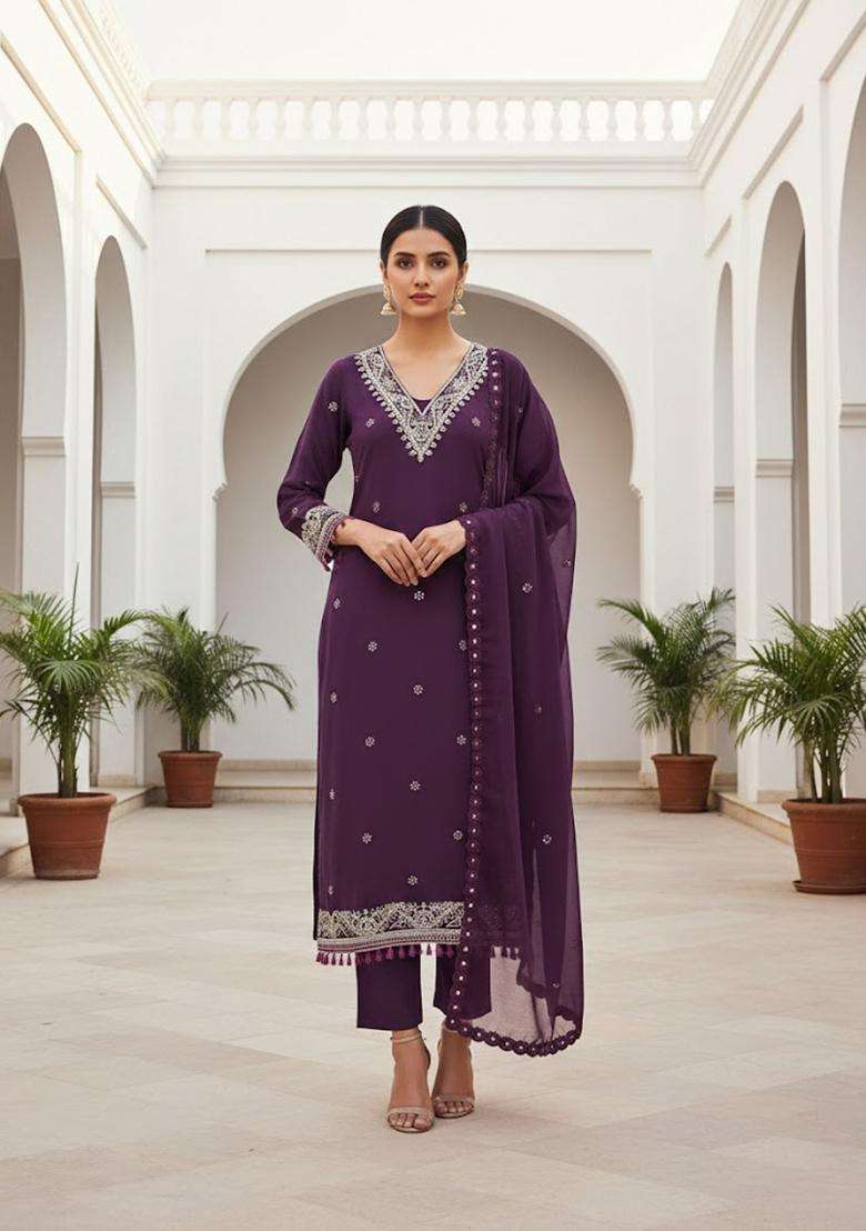 Purple Embroidery Georgette Kurta Set - Indya