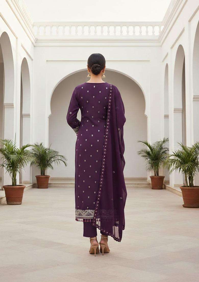 Purple Embroidery Georgette Kurta Set - Indya