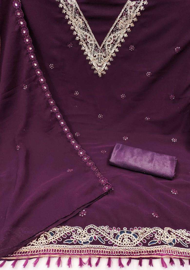 Purple Embroidery Georgette Kurta Set - Indya
