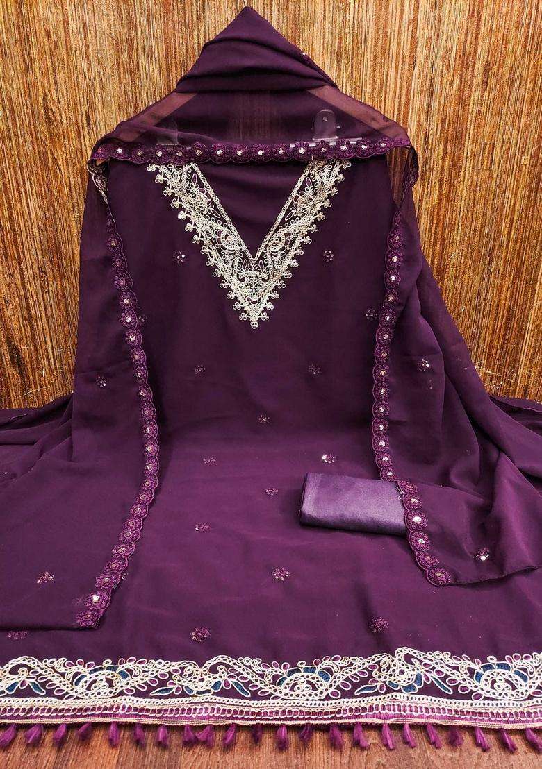 Purple Embroidery Georgette Kurta Set - Indya