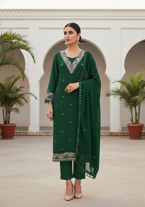 Green Embroidery Georgette Kurta Set